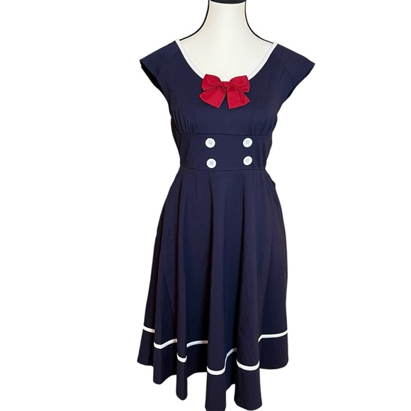 Voodoo Vixen Nautical Dress Bow Fit & Flare Sailor 50’s Navy Midi Womans Size 6 - Picture 4 of 11